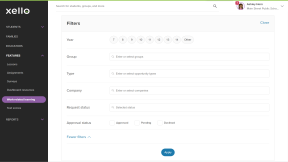 Filters modal. Filter options include grade, institution, type, company, request status, and approval status
